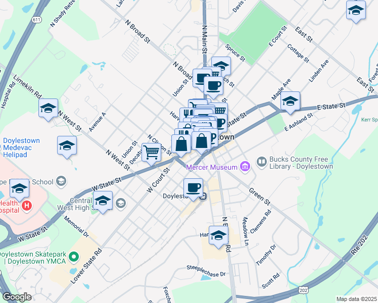 map of restaurants, bars, coffee shops, grocery stores, and more near 62 West State Street in Doylestown