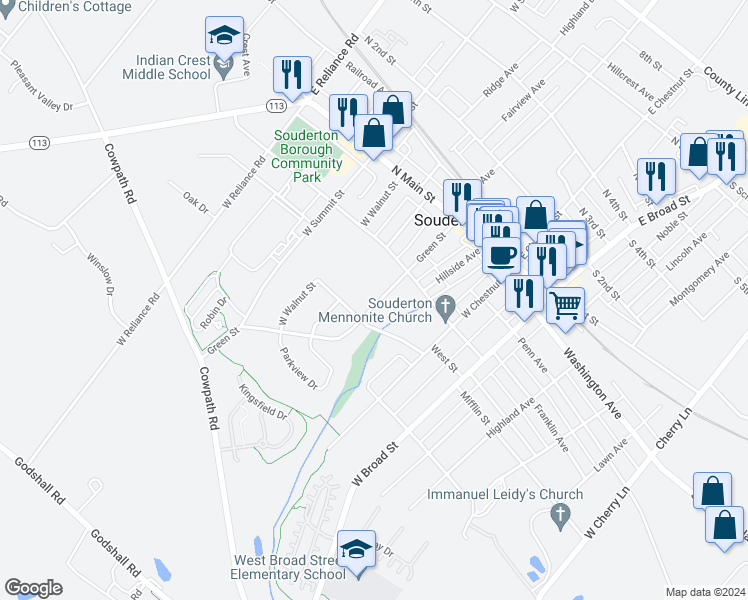 map of restaurants, bars, coffee shops, grocery stores, and more near 147 Green Street in Souderton