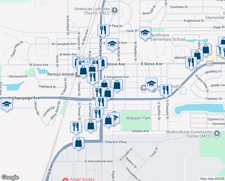 map of restaurants, bars, coffee shops, grocery stores, and more near 220 Marshall Street in Rantoul