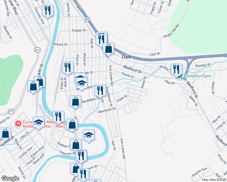 map of restaurants, bars, coffee shops, grocery stores, and more near 715 Von Lunen Road in Johnstown