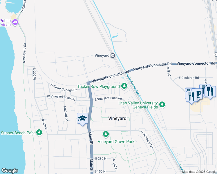 map of restaurants, bars, coffee shops, grocery stores, and more near 93 East 700 North in Vineyard