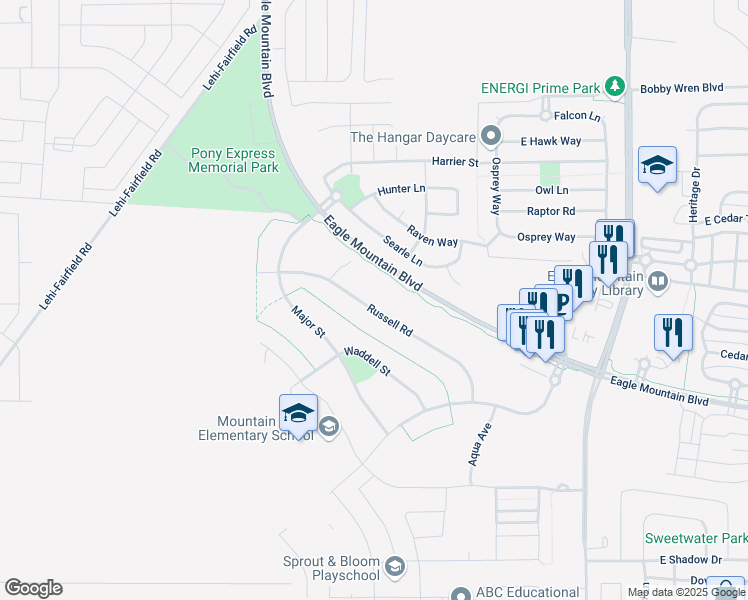 map of restaurants, bars, coffee shops, grocery stores, and more near 1017 Russell Road in Eagle Mountain