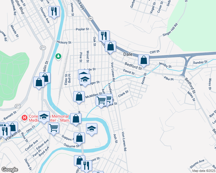 map of restaurants, bars, coffee shops, grocery stores, and more near 716 Fronheiser Street in Johnstown