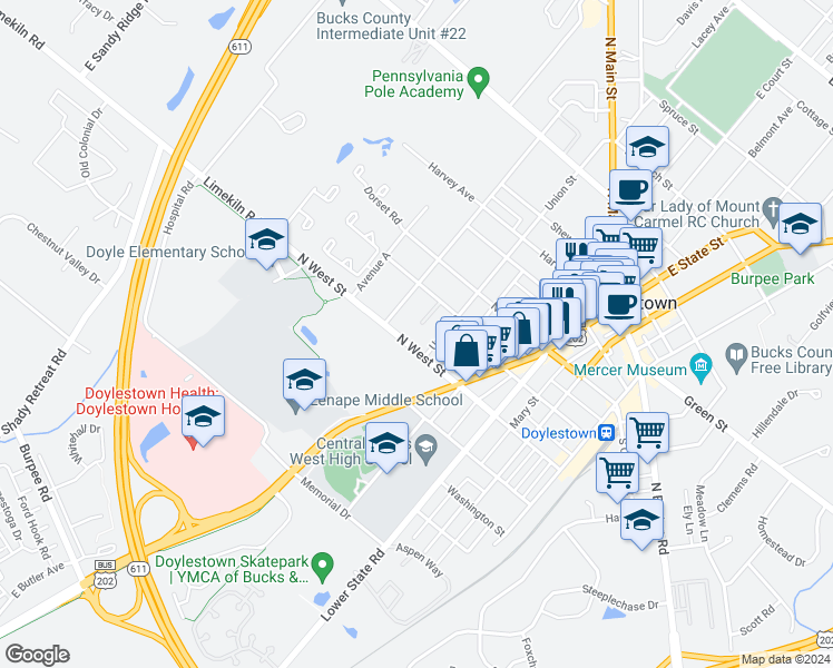 map of restaurants, bars, coffee shops, grocery stores, and more near 375 Penn Street in Doylestown