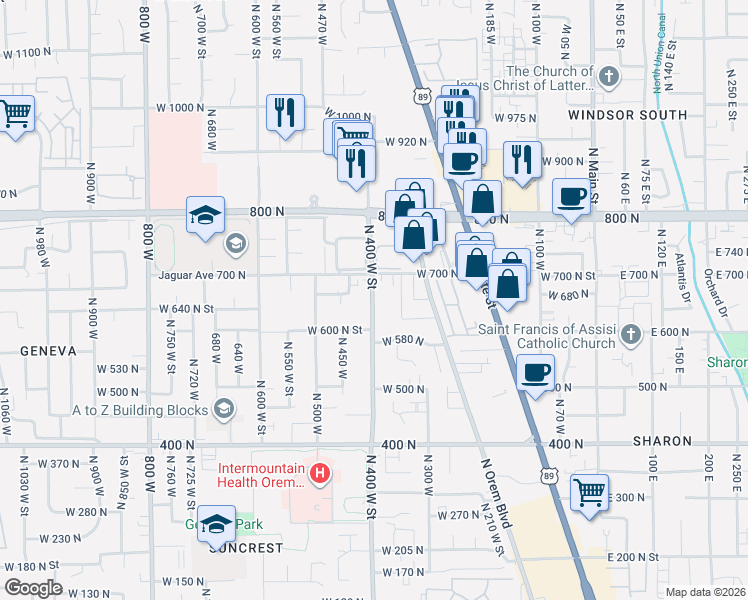 map of restaurants, bars, coffee shops, grocery stores, and more near 680 700 North in Orem