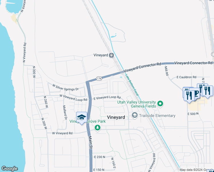 map of restaurants, bars, coffee shops, grocery stores, and more near 93 East 700 North in Vineyard