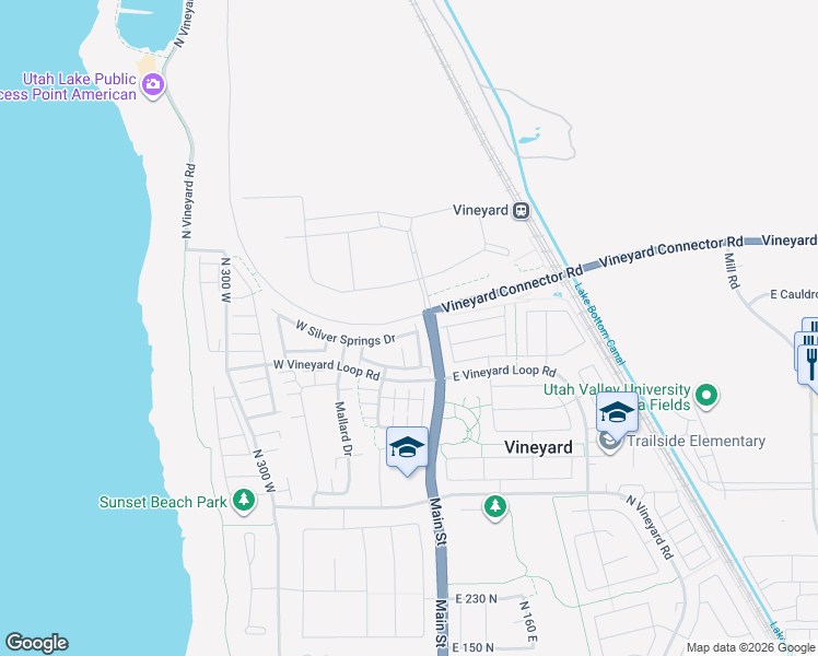 map of restaurants, bars, coffee shops, grocery stores, and more near 34 West Silver Springs Drive in Vineyard