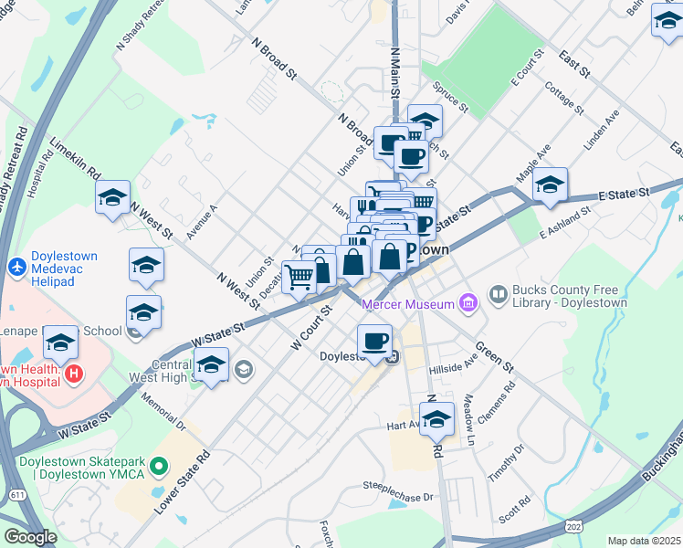 map of restaurants, bars, coffee shops, grocery stores, and more near 85 Wood Street in Doylestown