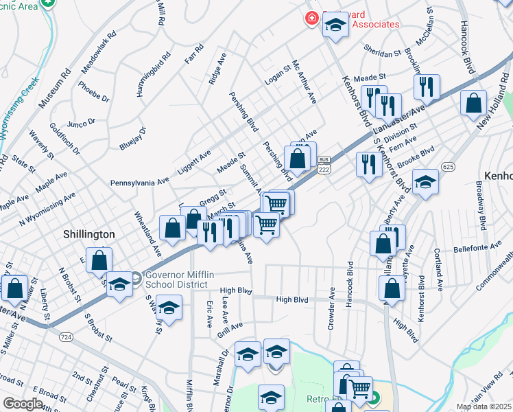 map of restaurants, bars, coffee shops, grocery stores, and more near 616 March Street in Shillington