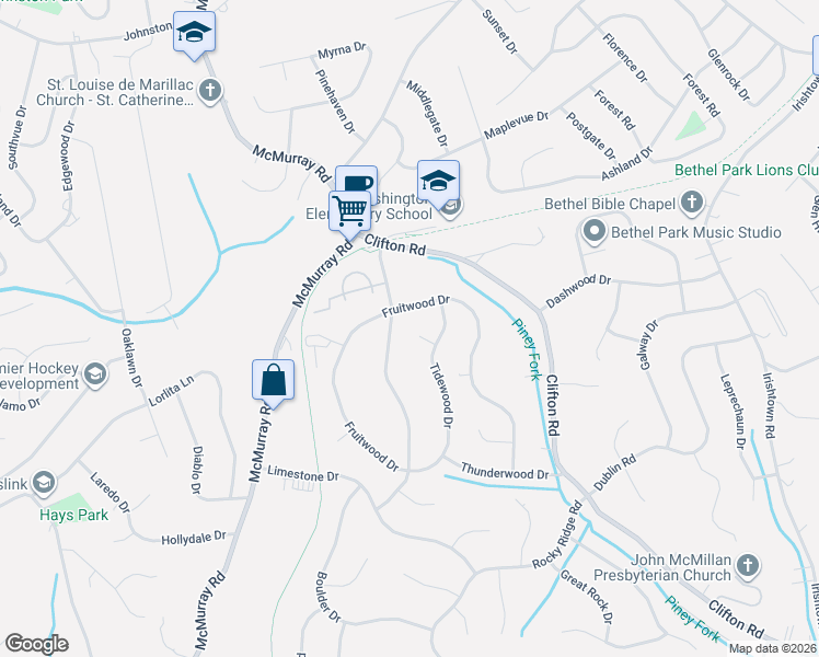 map of restaurants, bars, coffee shops, grocery stores, and more near 416 Fruitwood Drive in Bethel Park