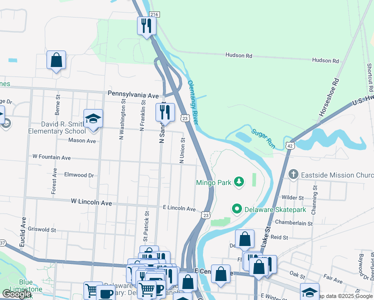 map of restaurants, bars, coffee shops, grocery stores, and more near 370 North Union Street in Delaware