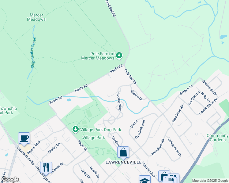 map of restaurants, bars, coffee shops, grocery stores, and more near 13 Viburnum Court in Lawrence Township