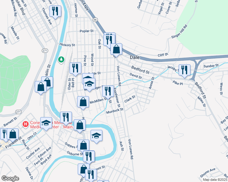 map of restaurants, bars, coffee shops, grocery stores, and more near 716 Fronheiser Street in Johnstown