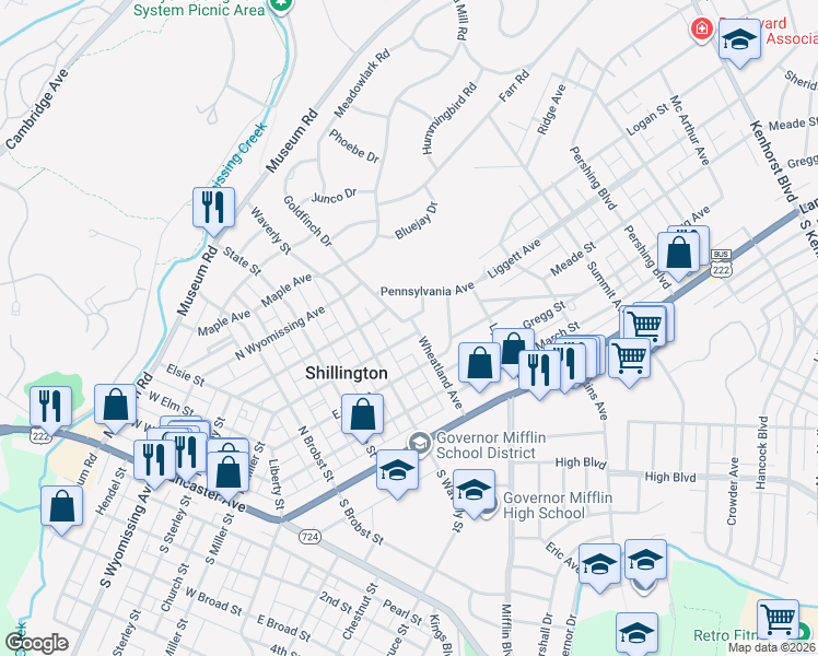map of restaurants, bars, coffee shops, grocery stores, and more near 321 Wheatland Avenue in Shillington