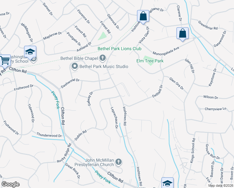 map of restaurants, bars, coffee shops, grocery stores, and more near 5877 Irishtown Road in Bethel Park