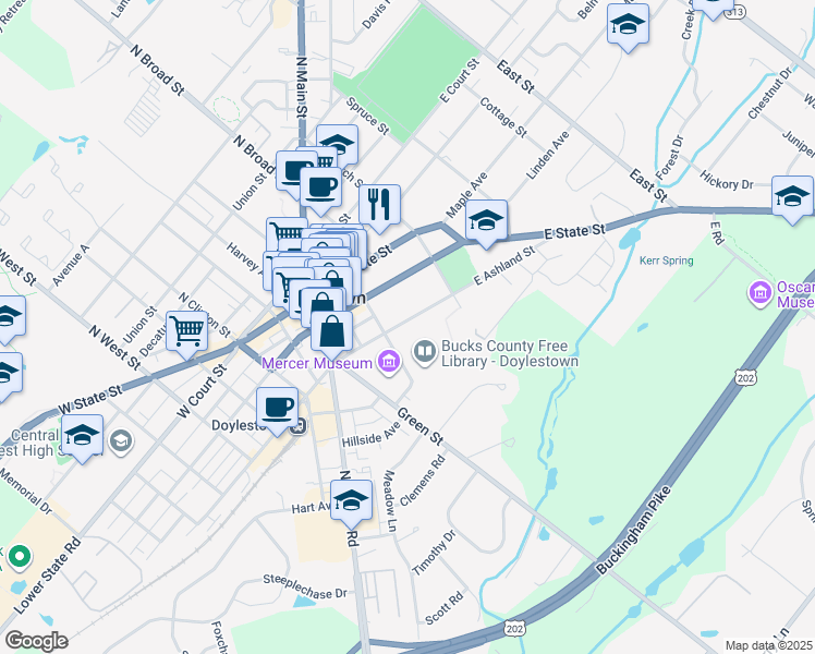 map of restaurants, bars, coffee shops, grocery stores, and more near 114 East Ashland Street in Doylestown