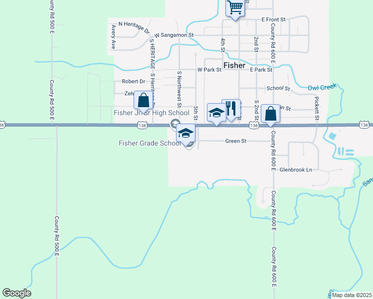 map of restaurants, bars, coffee shops, grocery stores, and more near 801 South 5th Street in Fisher