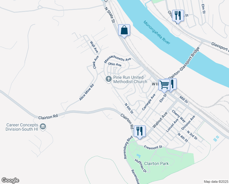 map of restaurants, bars, coffee shops, grocery stores, and more near 827 North 6th Street in Clairton