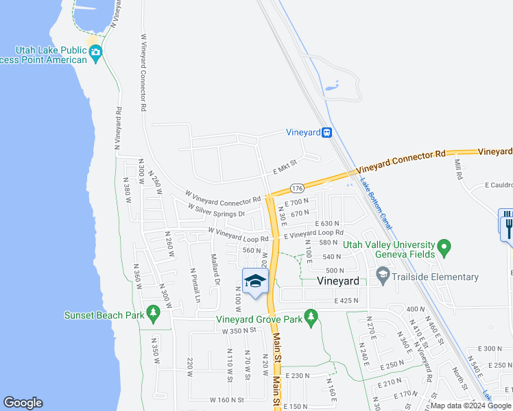 map of restaurants, bars, coffee shops, grocery stores, and more near 34 West Silver Springs Drive in Vineyard