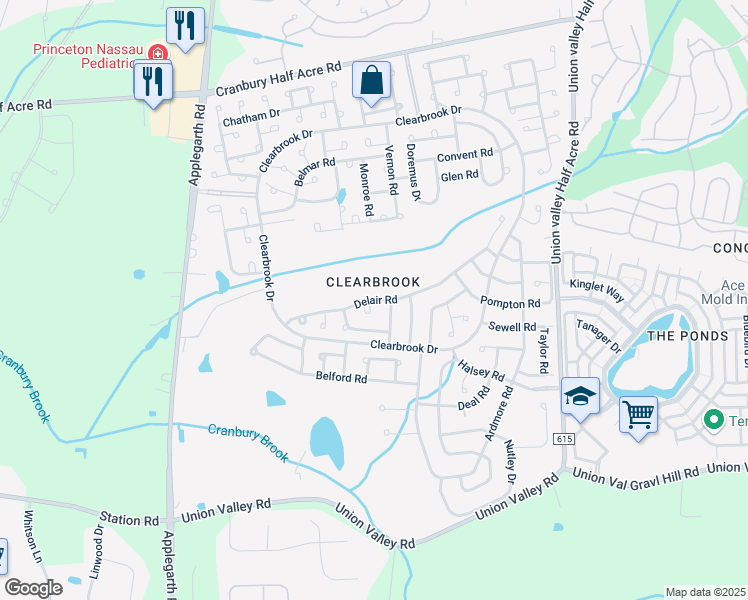 map of restaurants, bars, coffee shops, grocery stores, and more near Delair Road in Monroe Township