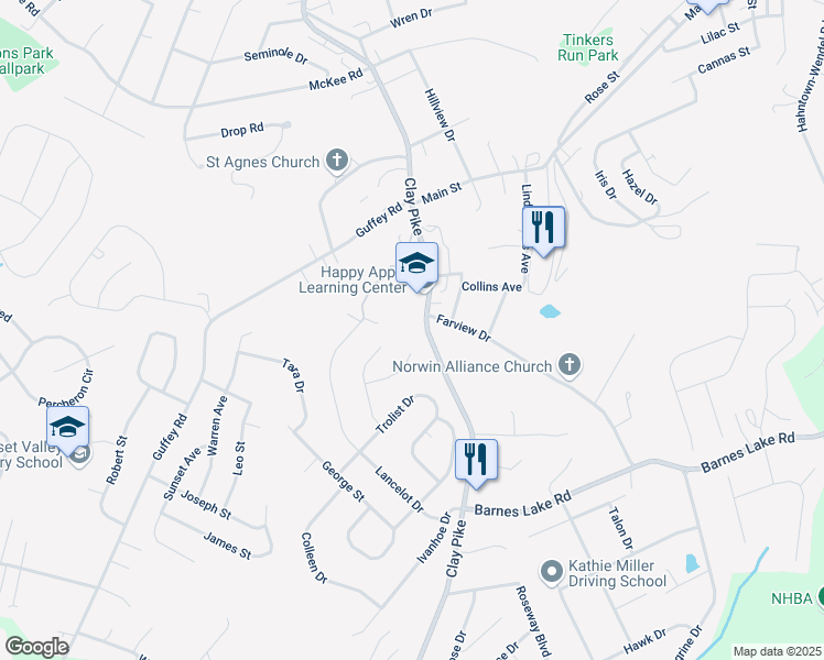 map of restaurants, bars, coffee shops, grocery stores, and more near 1620 Clay Pike in Irwin
