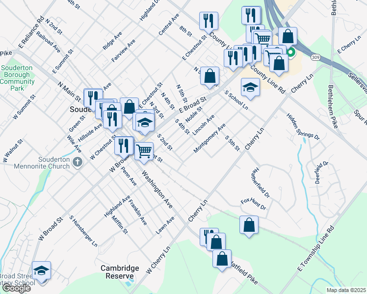 map of restaurants, bars, coffee shops, grocery stores, and more near 218 Lincoln Avenue in Souderton