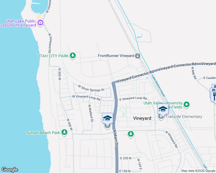 map of restaurants, bars, coffee shops, grocery stores, and more near 34 West Silver Springs Drive in Vineyard