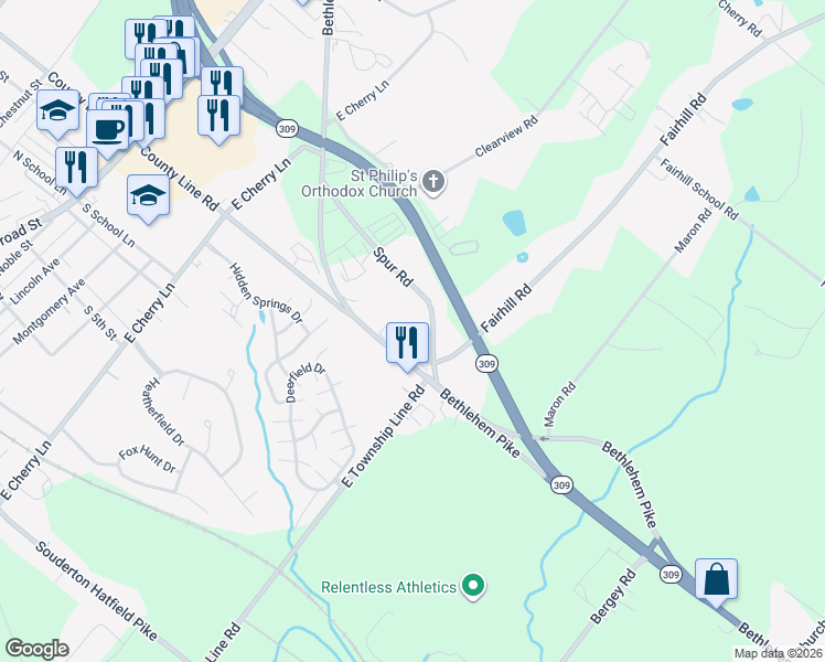 map of restaurants, bars, coffee shops, grocery stores, and more near 1024 Spur Road in Souderton