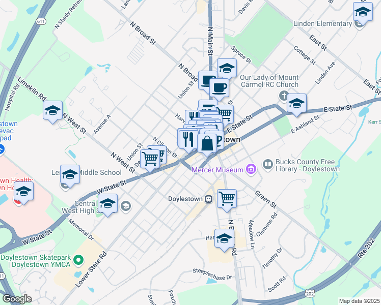 map of restaurants, bars, coffee shops, grocery stores, and more near 65 West State Street in Doylestown