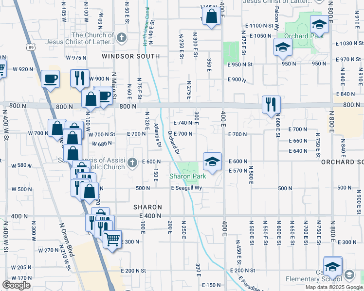 map of restaurants, bars, coffee shops, grocery stores, and more near 259 East 650 North in Orem