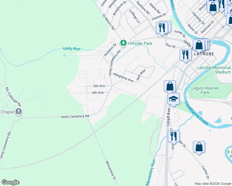 map of restaurants, bars, coffee shops, grocery stores, and more near 350 Unity Cemetery Road in Latrobe