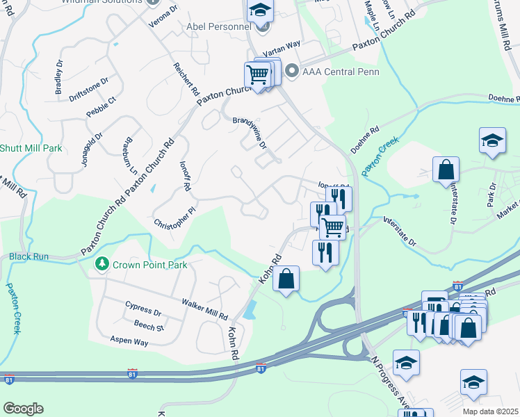 map of restaurants, bars, coffee shops, grocery stores, and more near 2620 Cranberry Circle in Harrisburg