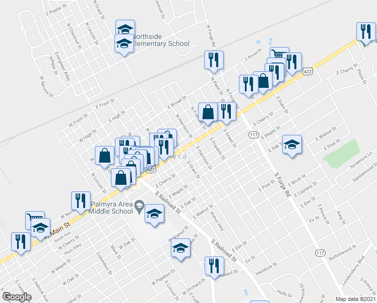 map of restaurants, bars, coffee shops, grocery stores, and more near 312 East Main Street in Palmyra