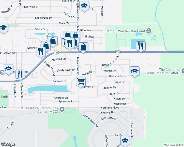 map of restaurants, bars, coffee shops, grocery stores, and more near 235 Alexander Drive in Rantoul