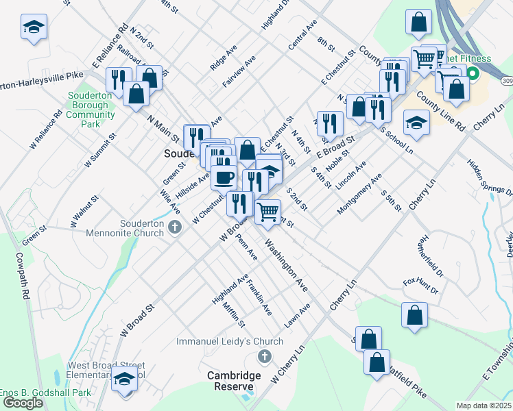map of restaurants, bars, coffee shops, grocery stores, and more near 4 West Broad Street in Souderton