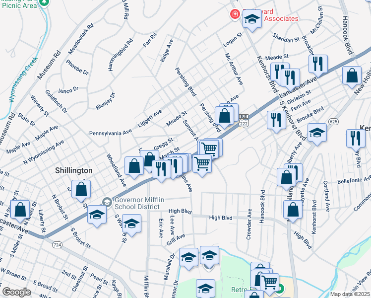 map of restaurants, bars, coffee shops, grocery stores, and more near 616 March Street in Shillington
