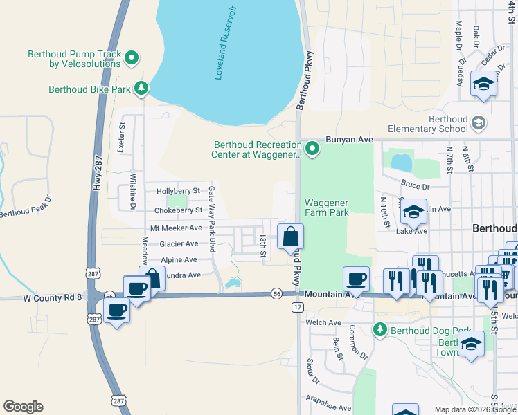 map of restaurants, bars, coffee shops, grocery stores, and more near 721 Berthoud Parkway in Berthoud