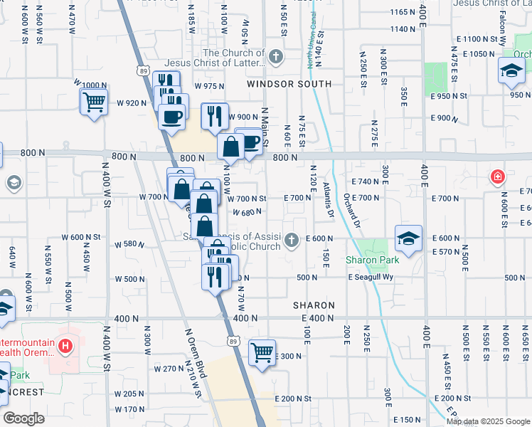 map of restaurants, bars, coffee shops, grocery stores, and more near 10 West 680 North in Orem