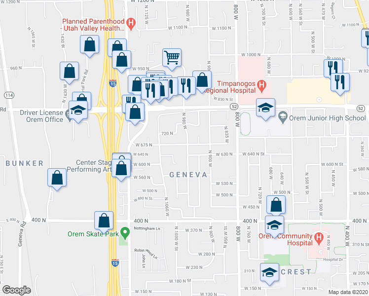 map of restaurants, bars, coffee shops, grocery stores, and more near 1003 West 675 North in Orem