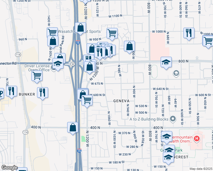 map of restaurants, bars, coffee shops, grocery stores, and more near 674 North 1060 West in Orem