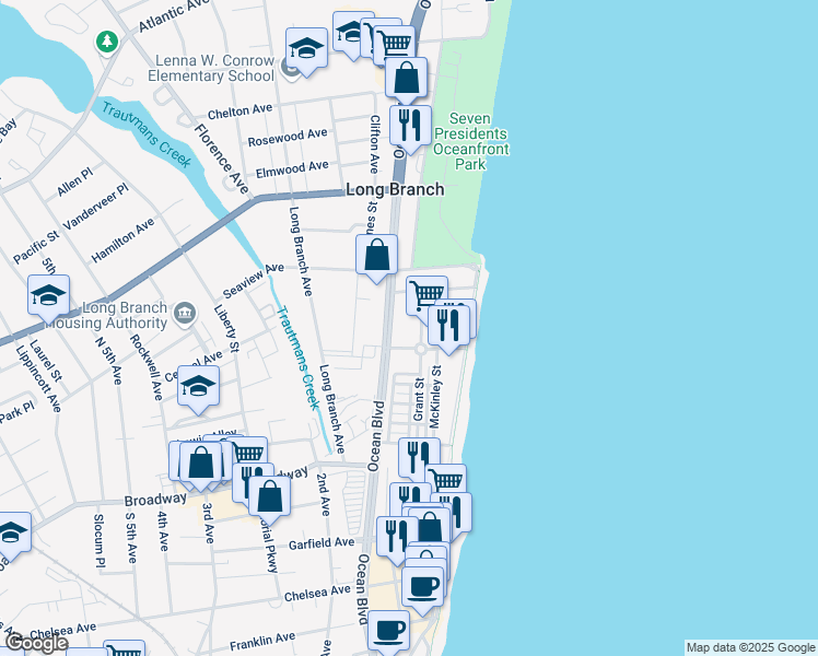 map of restaurants, bars, coffee shops, grocery stores, and more near 43 Ocean Avenue in Long Branch