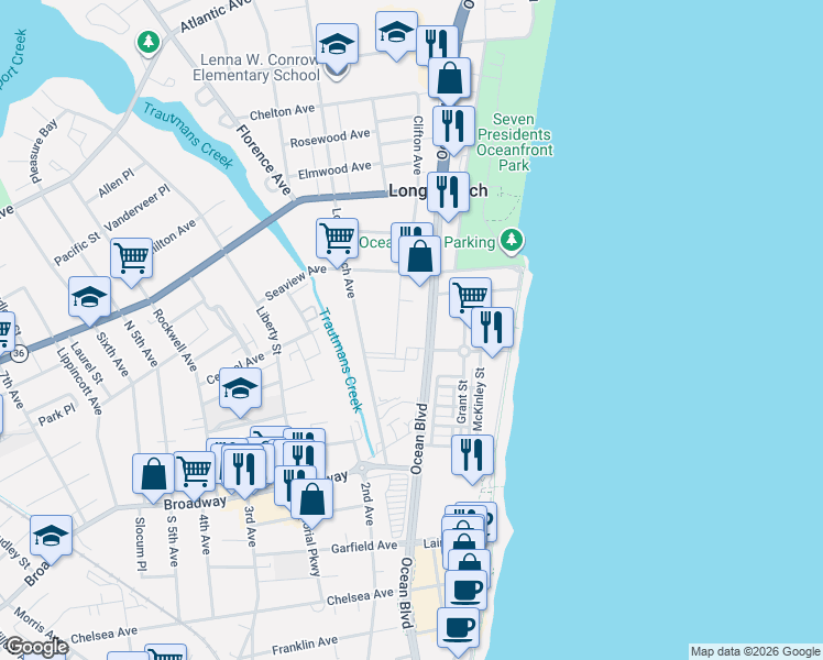 map of restaurants, bars, coffee shops, grocery stores, and more near 121 Witmer Place in Long Branch