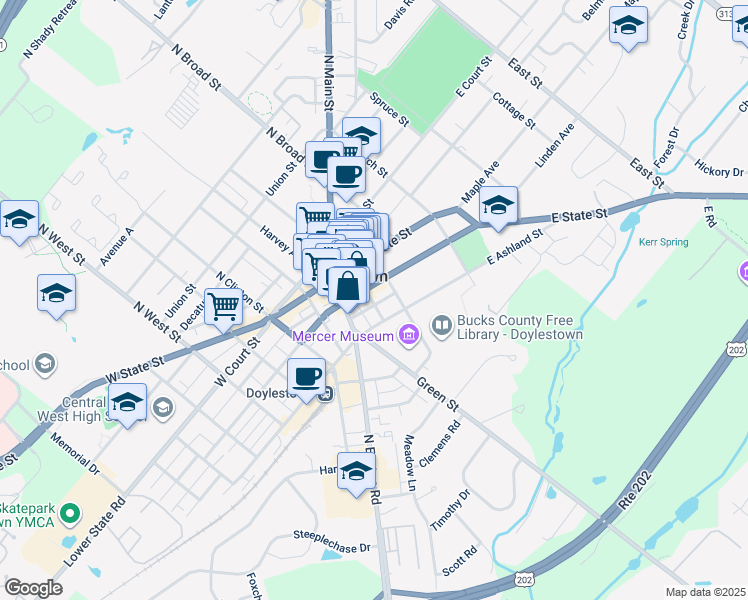 map of restaurants, bars, coffee shops, grocery stores, and more near Taylor Avenue in Doylestown