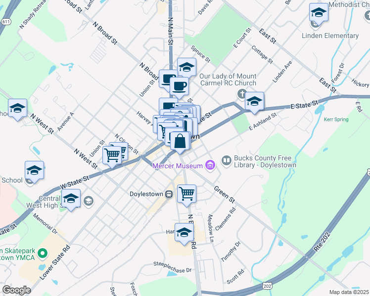 map of restaurants, bars, coffee shops, grocery stores, and more near 30 East Oakland Avenue in Doylestown