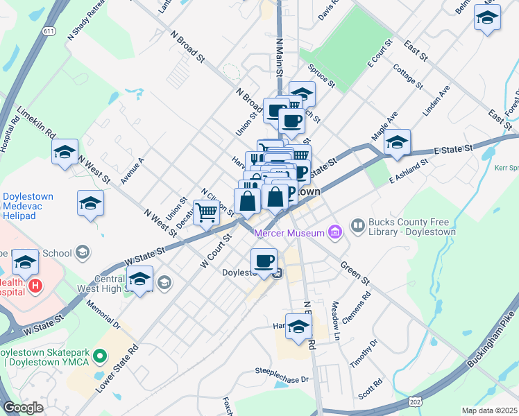 map of restaurants, bars, coffee shops, grocery stores, and more near 53 West State Street in Doylestown