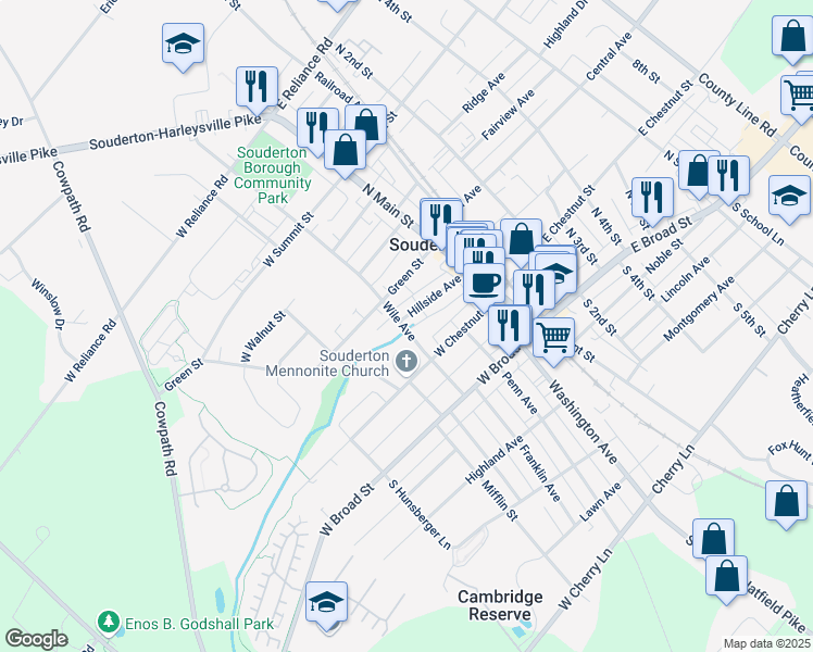 map of restaurants, bars, coffee shops, grocery stores, and more near 72 Hillside Avenue in Souderton
