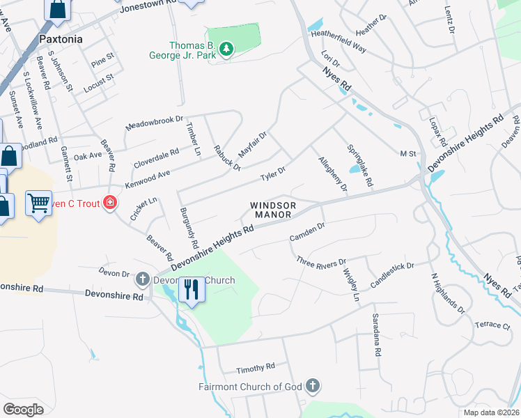 map of restaurants, bars, coffee shops, grocery stores, and more near 5925 Longview Road in Harrisburg