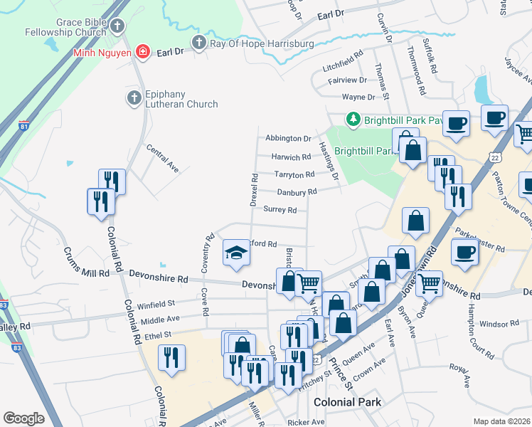 map of restaurants, bars, coffee shops, grocery stores, and more near 4603 Surrey Road in Harrisburg