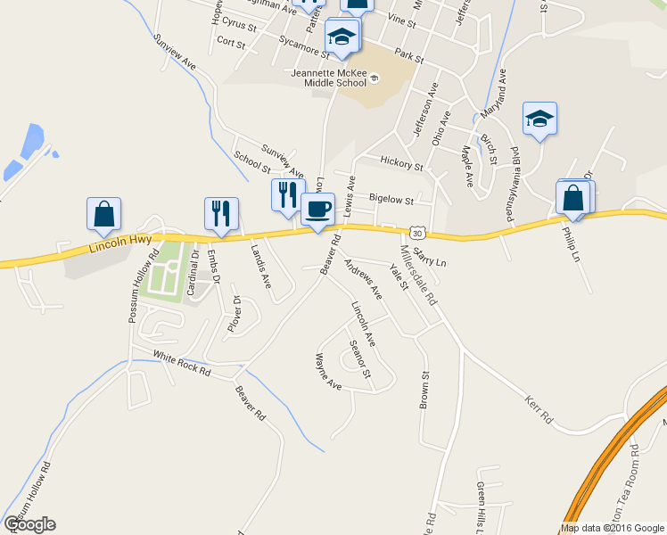map of restaurants, bars, coffee shops, grocery stores, and more near 14 Beaver Road in Jeannette