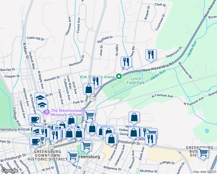 map of restaurants, bars, coffee shops, grocery stores, and more near 526 New Alexandria Road in Greensburg